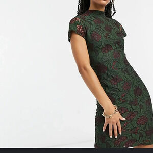 - Girl in Mind high neck Floral lace overlay green & purple Mini dress size 4